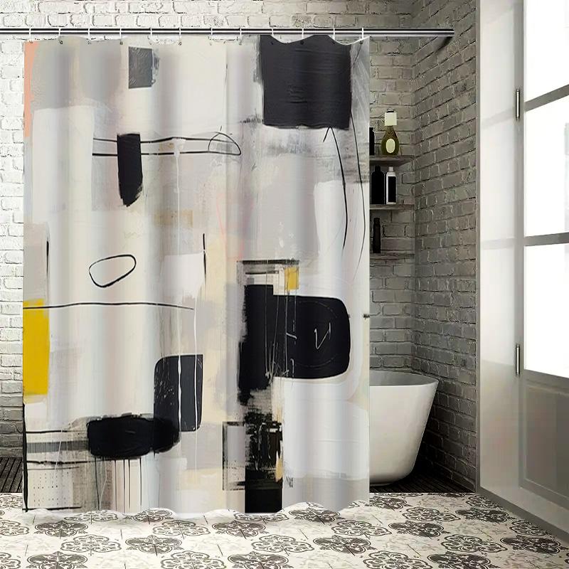

Abstract Modern Bathroom Shower Curtain Set Decorative Black White Grey Yellow Printed Waterproof Fabric Bath Mat 90x180cm