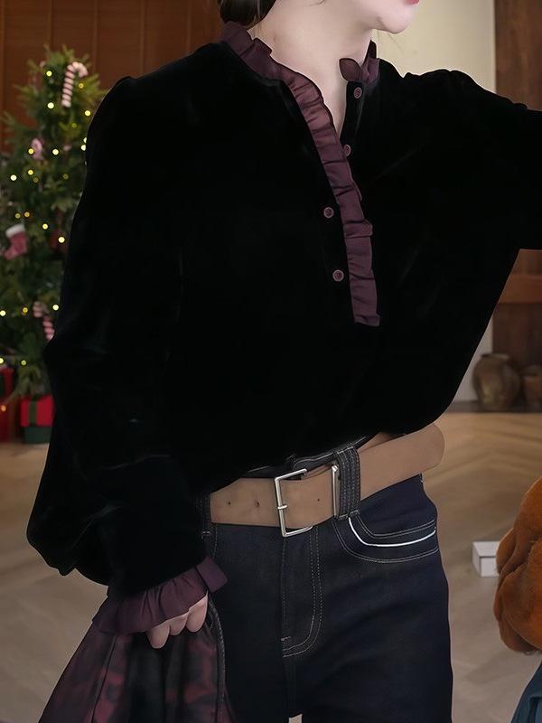 2026 Autumn/Winter Chic Velvet Patchwork Lace Luxury Shirt