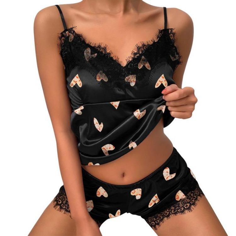 Women Sexy Polka Dot Printed Letter Sleepwear Set V Neck Sling Vest Shorts Casual Loungewear