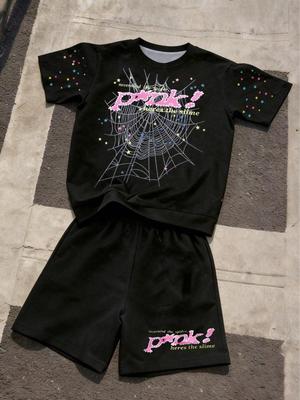 Set casual cu 2 piese pentru băieți, stil stradă (Primavara vara): Tricou cu mânecă scurtă și guler rotund și pantaloni scurți cu imprimeuri distinctive de pânză de păianjen și litere