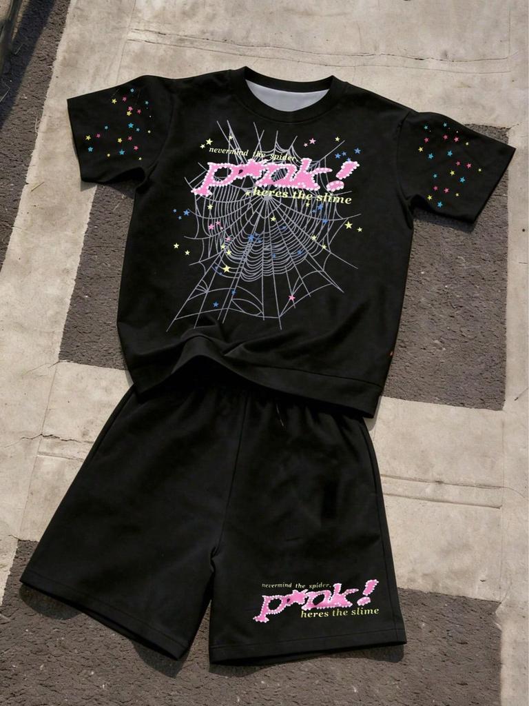 Boys' 2-Piece Casual Street-Style Set (Spring/Summer): Short-Sleeve Crew-Neck T-Shirt & Shorts Featuring Distinctive Spiderweb and Letter Prints