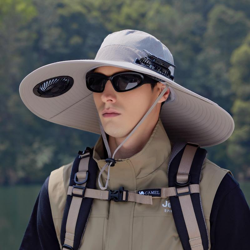 Wide Brim Solar Fan Outdoor Fishing Hat-Solar & USB Charging, Outdoor Sun Hat with Solar Fan with 2 Solar Fan