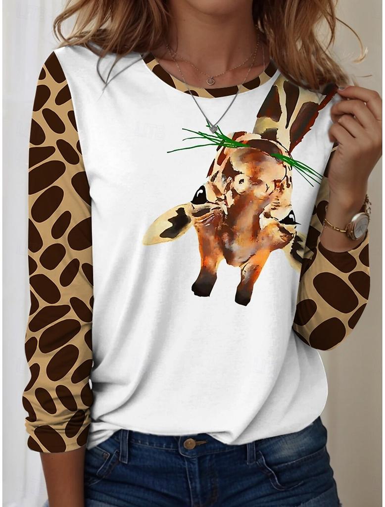 Damskie Koszulki Graficzne Zwierzę Żyrafa T-shirty Modne Stylowe Koszulki z Długim Rękawem Okrągły Dekolt Regularne Top Letnie Codzienne Pulower