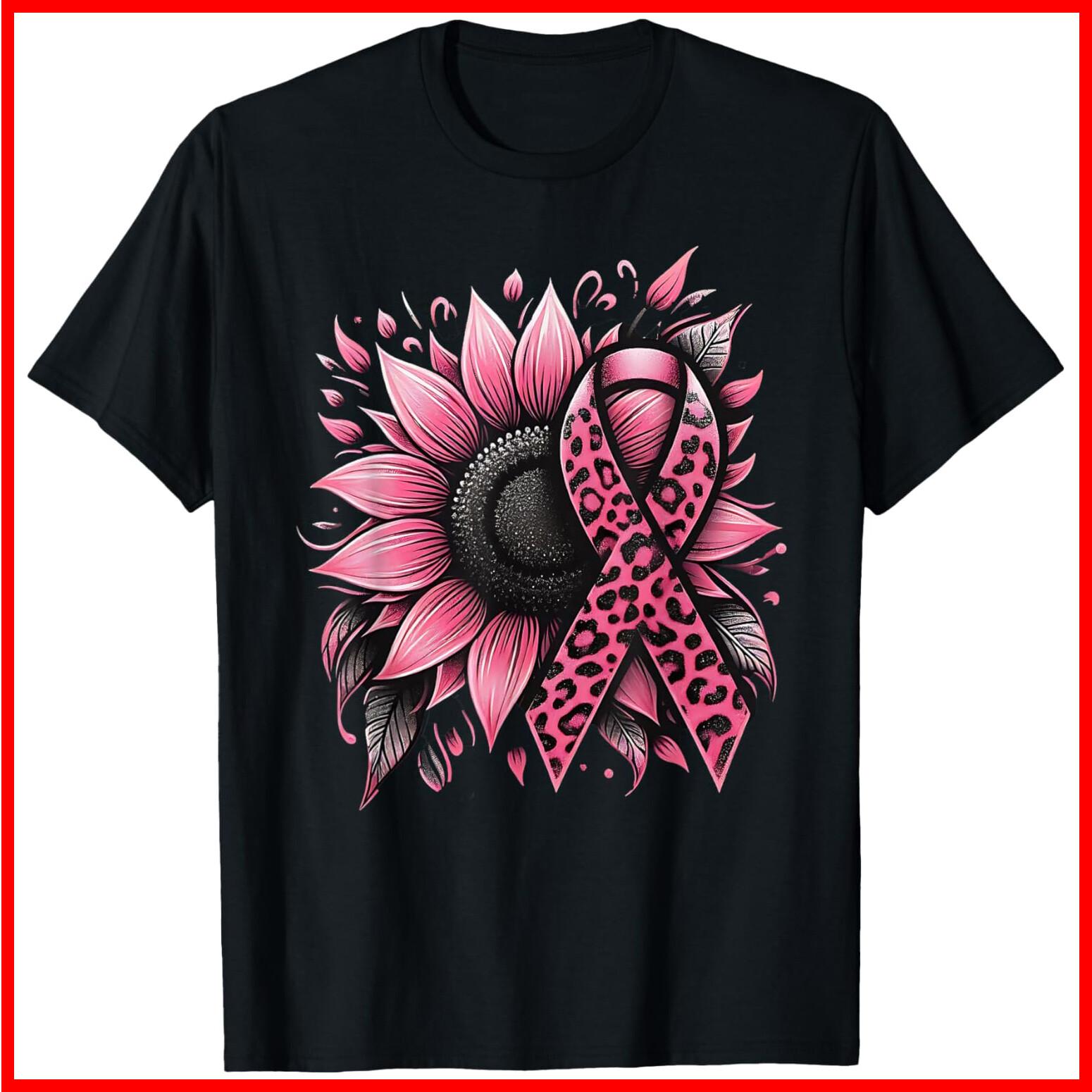 Sunflower Pink Breast Cancer Awareness Black Cotton T-Shirt S-5XL XL