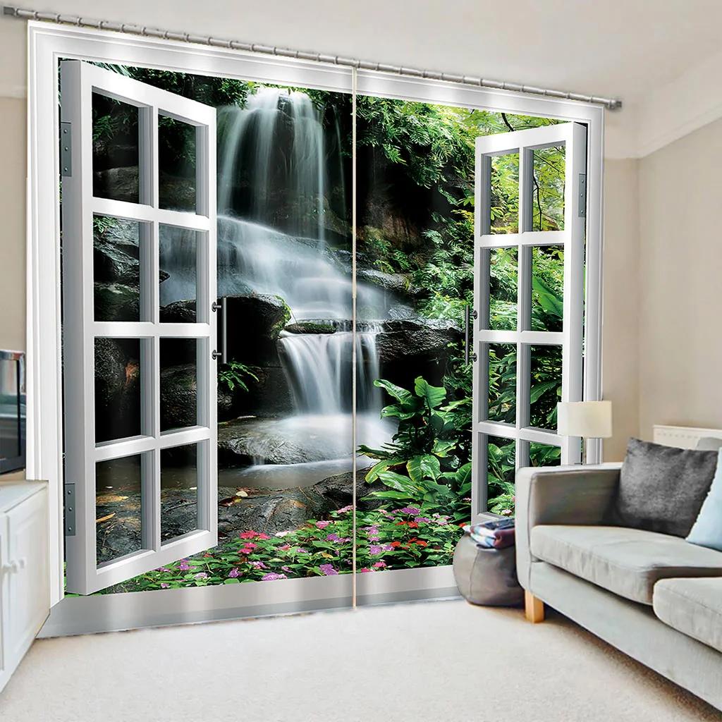 

Лесные окна 3D Природа Пейзаж Пляж Море Дерево Зеленые шторы Оконные шторы для гостиной Спальня Кухня 2 шт Декор 100W160H(CM)40x63in&Grommet Top