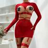 Women's Transparent Lingerie Set Sexy Lace Long Sleeve Crop Top Open Crotch Skirt G-String Garter Hollow Out Open Bras Set