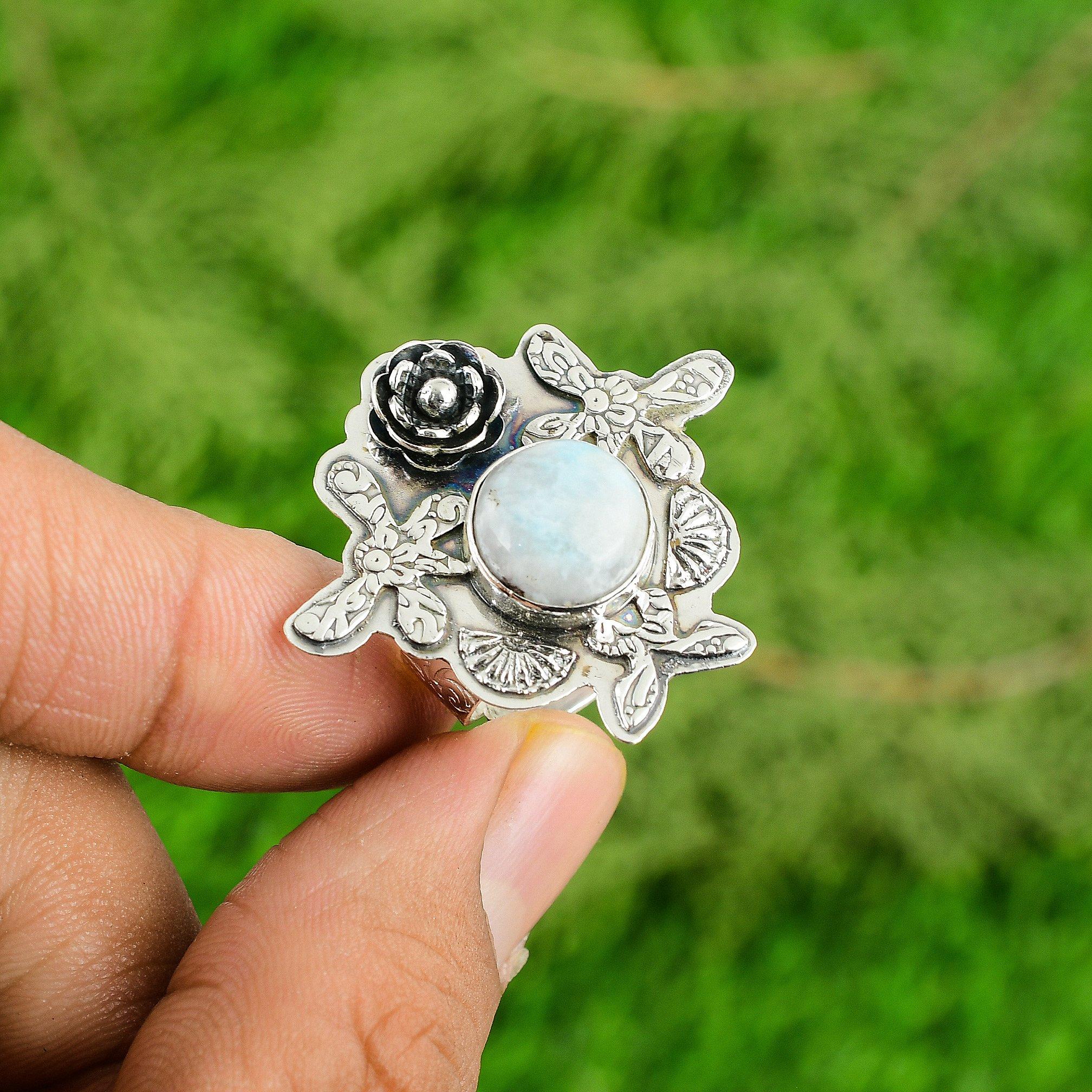 

Natural Larimar Gemstone 925 Silver Multi Stone Flower Adjustable Ring For Girls Adjustable