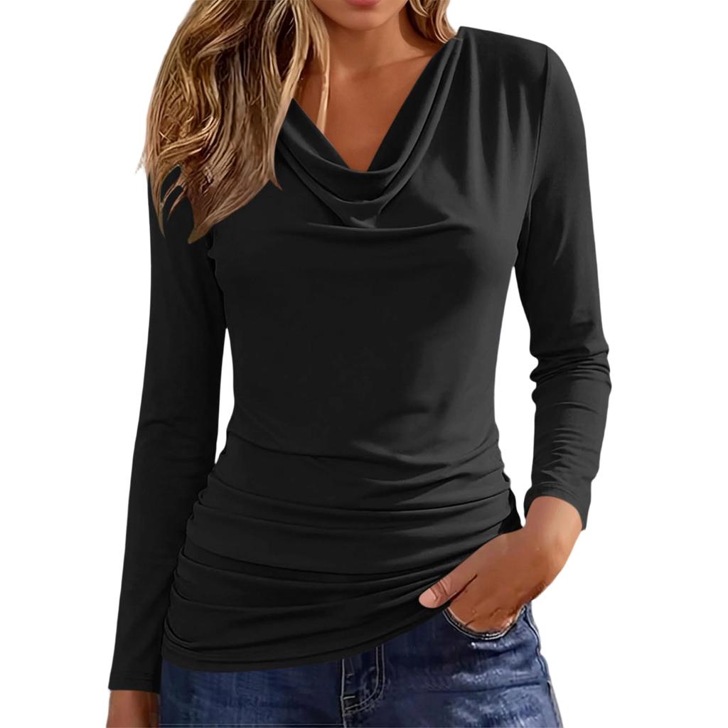 Women's Fashion Casual Long Sleeve Cowl Neck T Shirt with Elastic Side Waist for Everyday Wear