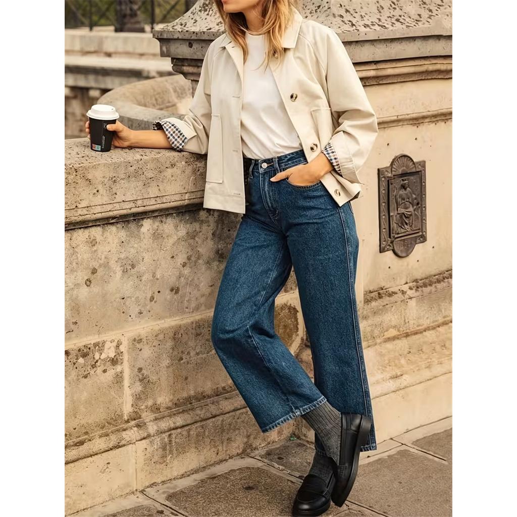 Women Lapel Collar Cropped Trench Jacket Single‑Breasted Long Sleeve Loose Casual Short Windbreaker Outerwear With Pockets