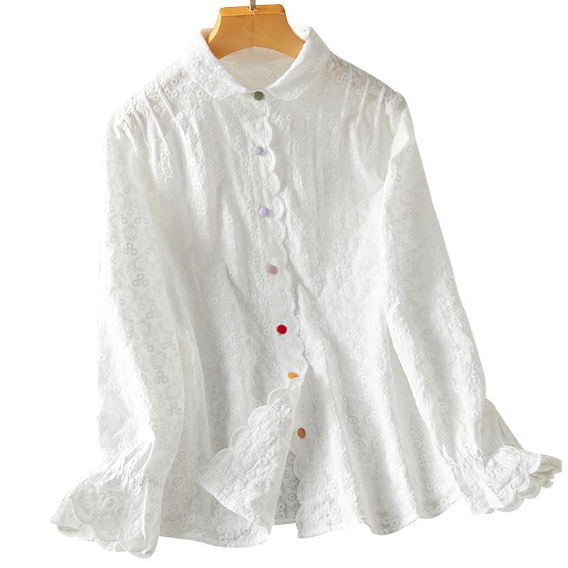 

Long-sleeved Embroidered White Cotton Shirt for Women s Spring Clothes New Style Pastoral Style M білий