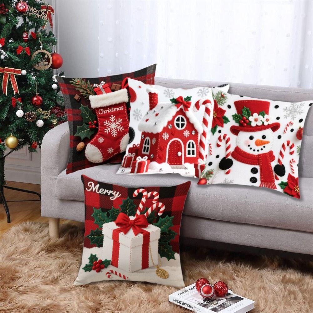 Christmas Cushion Cover Snowflake Christmas Tree Pattern Christmas Pillow Cover Elk Decorative Square Shape