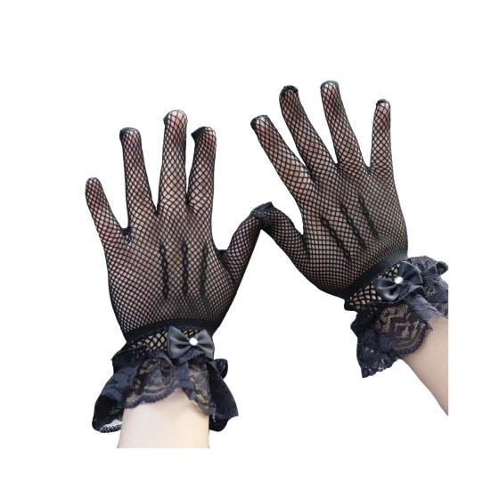 1 par ballhansker for kvinner Gjennomsiktig blonderbue Faux Pearl Dekor Hollow Out Fishnet volangkant Tynn Helfinger Forestillinger Brude Bryllupshansker