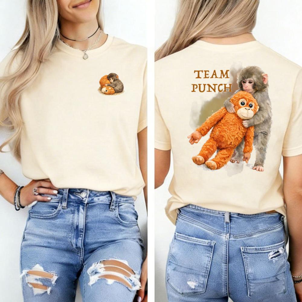 Team Double Sided Tshirt Mini Cute Monkey Hugging Plush Front Team Graphic Punch Animal Shirt Whimsical Casual Streetwear Tops