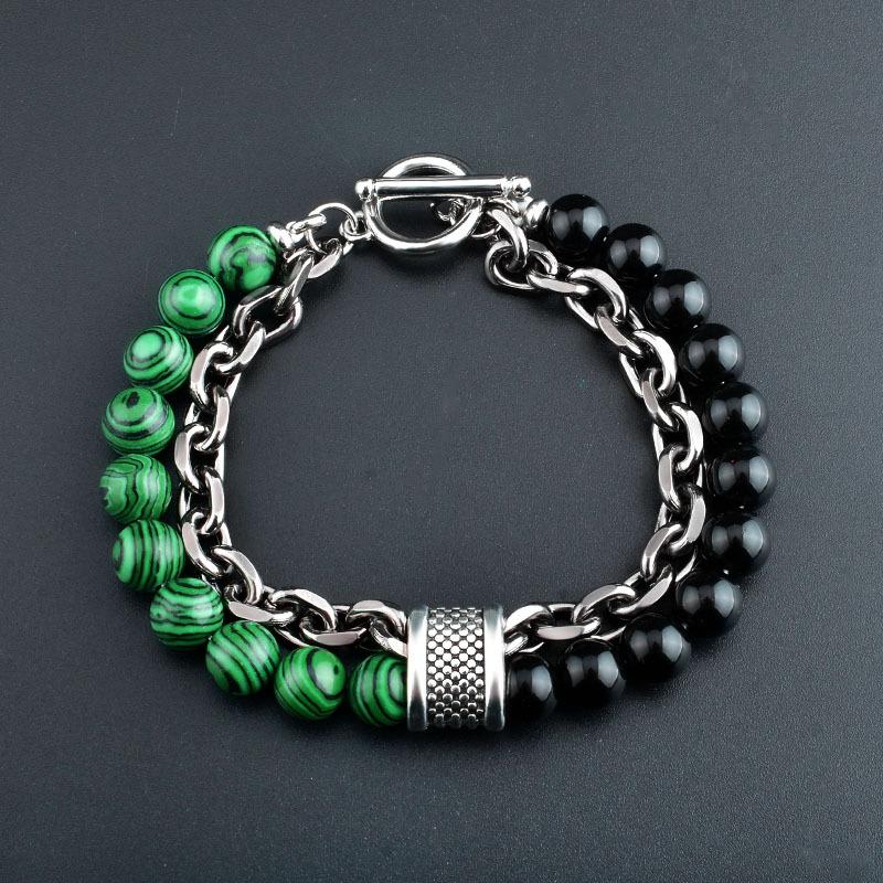 8MM 21CM Double Layers Stone Beaded Bracelet for Men Boys Tiger s Eye Metal Lava Stone Alloy Cable Chain 21cm