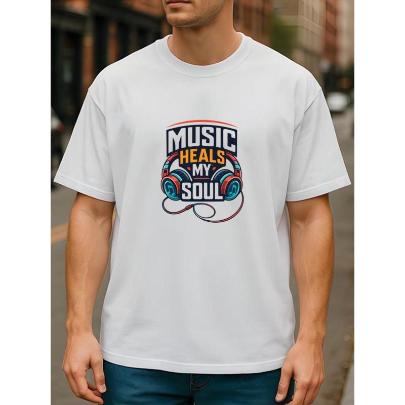 European Size Music Healing Soul Headphones, Printed Vitality Style, Fashionable and Trendy T-shirt, Men's Casual Short-sleeved Round-nec T-shirt