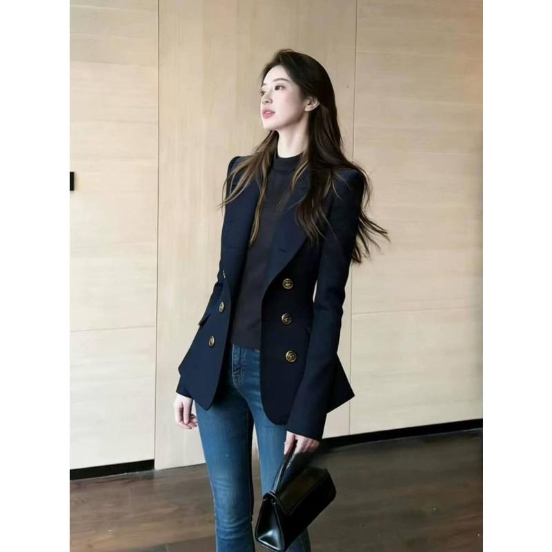 French Style Navy Blue Double Breasted Suit Spring Powerful Commuting Coat