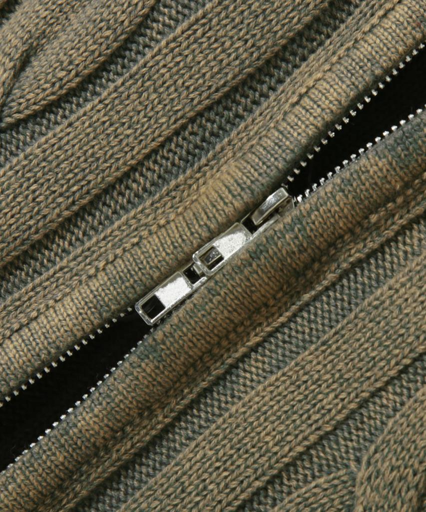 TRILLION Vintage Washed Cable 2-Way Zip-Up Knit (Beige Khaki)