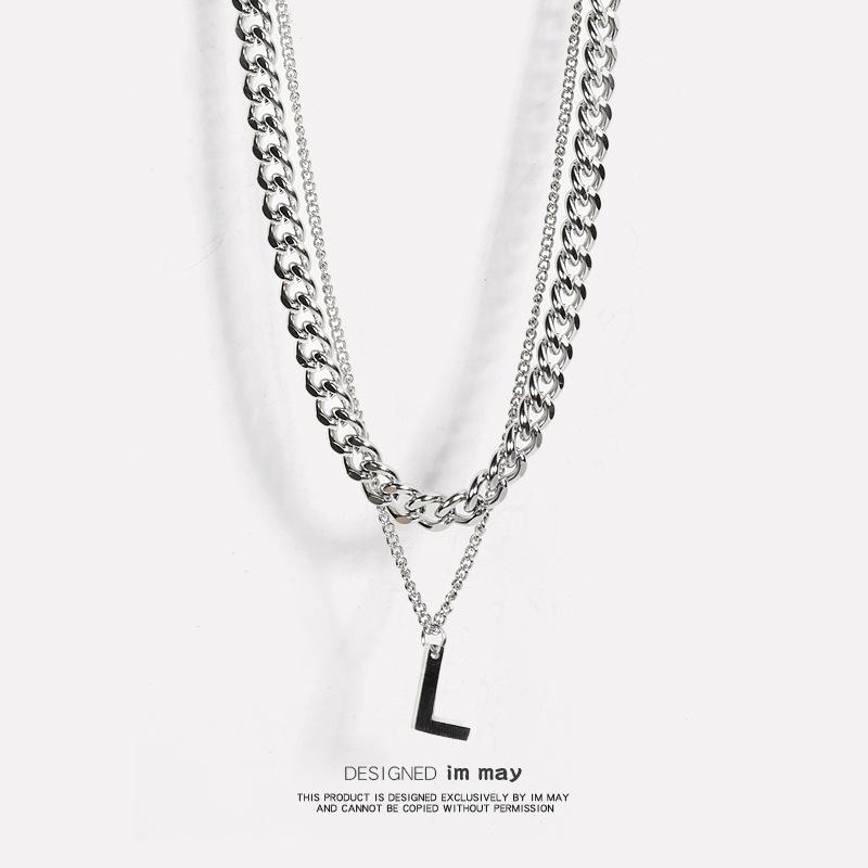 Titanium Steel Personalized Letter "W" Necklace - Double-layered and Layered with Sweater Chains. Stylish, Simple, Hip-hop, Cuban Style.