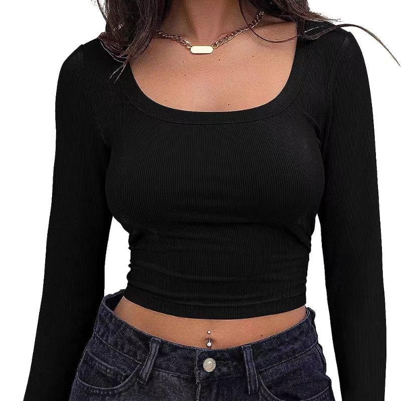 Women's Threaded Slim Fit Long Sleeve Square Neck T-shirt for Women S-XL Belly Button Top