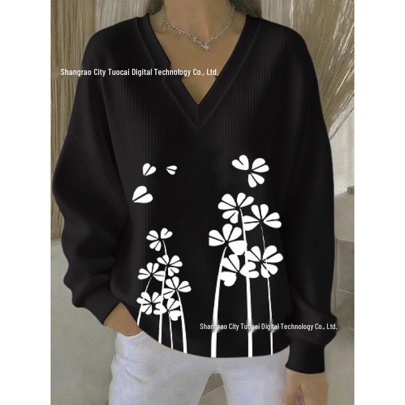 2025 3D Print V-neck Knit Pullover: Versatile Loose Fit Sweater for Autumn/Winter