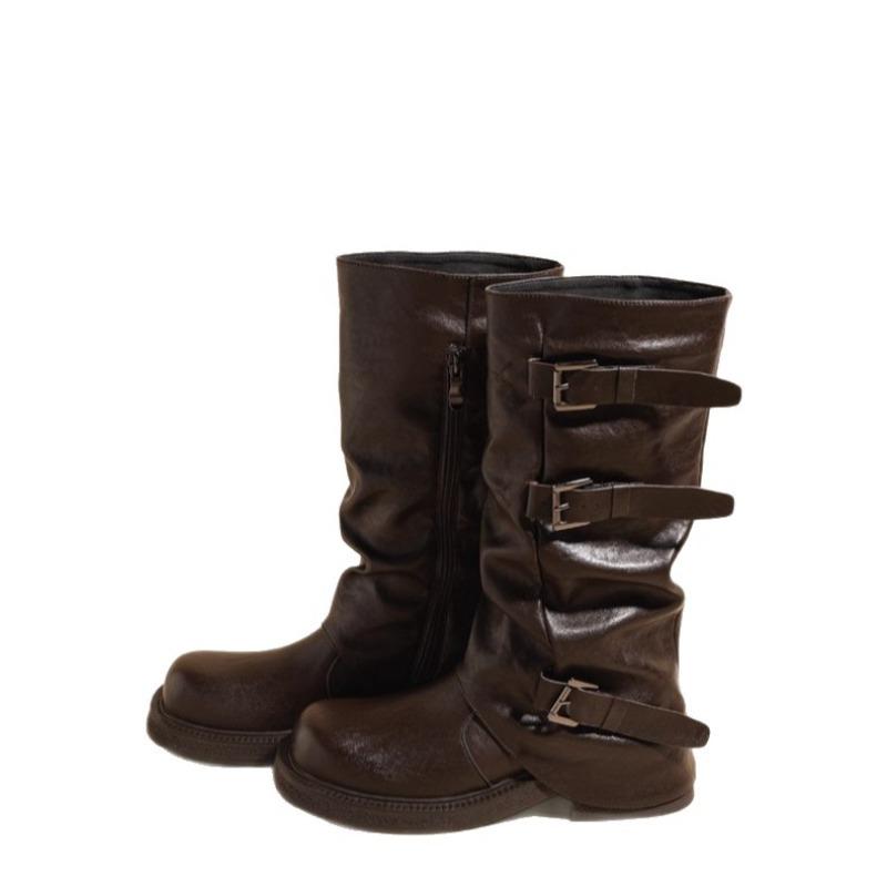 Leather Coarse Heel Knight Boots Women's Belt Buckle Pleated Pile Boots Autumn New Western Cowboy Boots Medium Boots