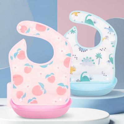 Dětská odnímatelná rýžová kapsa Dětský bryndáček na krmení Imitace silikonové voděodolné bryndáčky pro chlapce Dívky Děti Rýhací tkanina Kreslený Nastavitelný