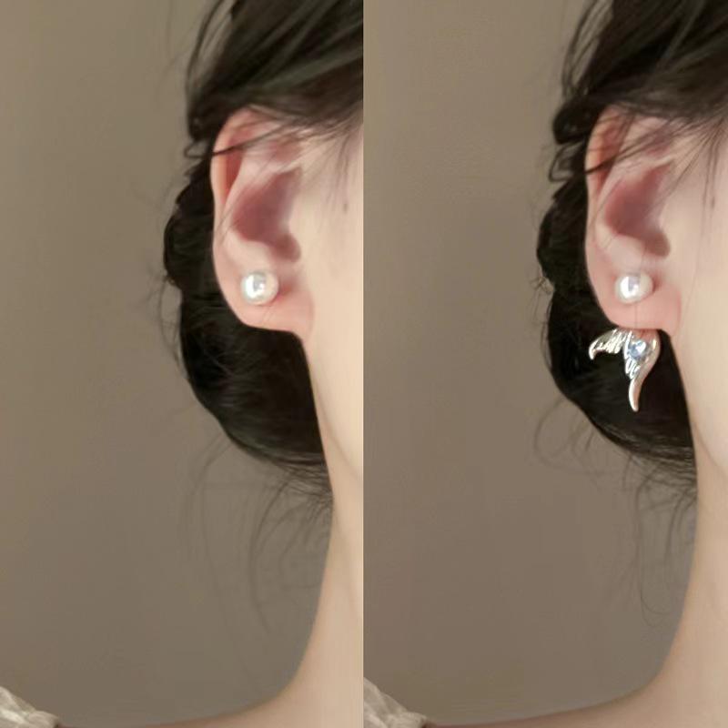 Exquisite French Zircon Heart & Pearl Mermaid Tail Stud Earrings - Personalized, Creative Two-Way Design
