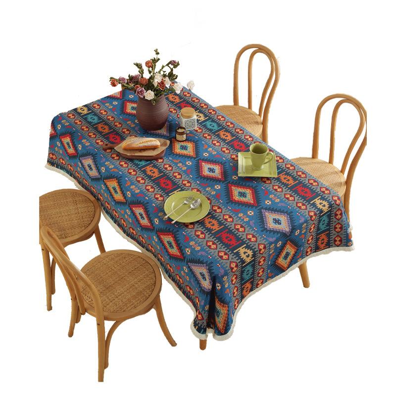 Bohemian Fringed Tablecloth American Retro Jacquard Cotton Linen Heavy Duty Dining Table Cover