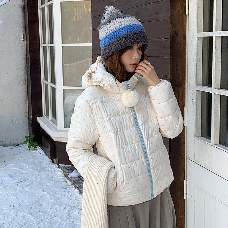 Sweet polka dot ribs hooded down cotton-padded clothes women's winter new short printed cotton-padded jacket
