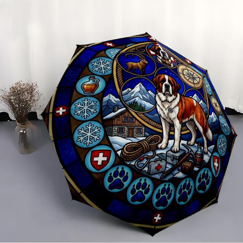 Mountain Rescue Saint Bernard pattern umbrella, portable and foldable design, 8 ribs, a casual accessory for Halloween, Christmas, and birthday gifts.