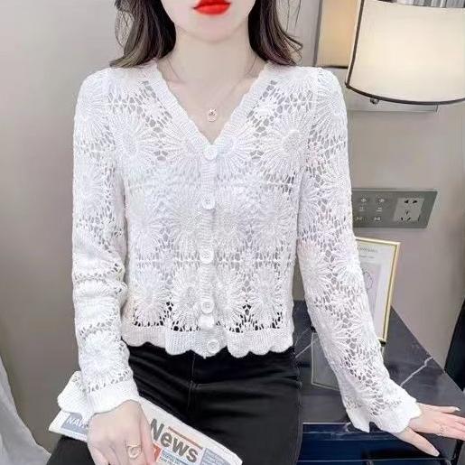 Summer Women's Thin Knit Sweater Long Sleeve Short Sun Protection Jacket Lace Cut-out Knitted Cardigan Coat