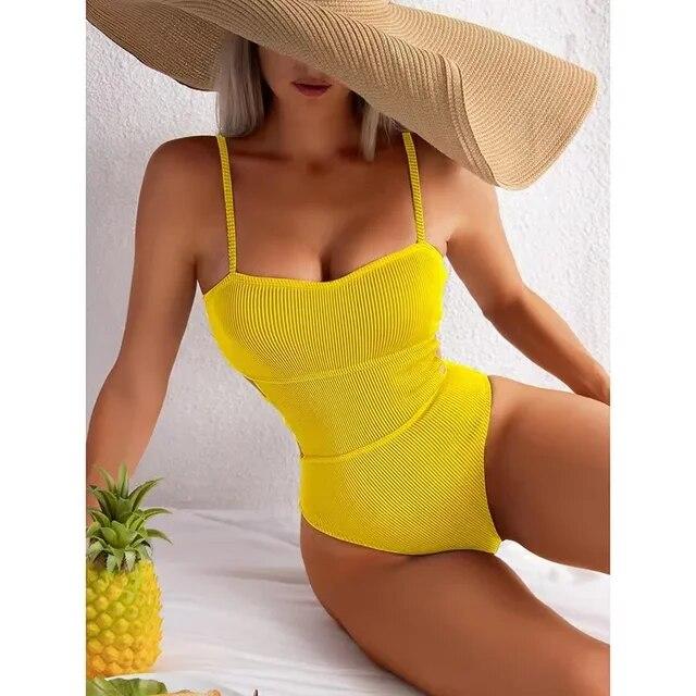 Sexy Gerippter Einteiler Badeanzug Einfarbig Bademode Damen Cut Out Monokini Hochgeschnitten Schwimmanzug Weiblich Baden Bikini Anzüge