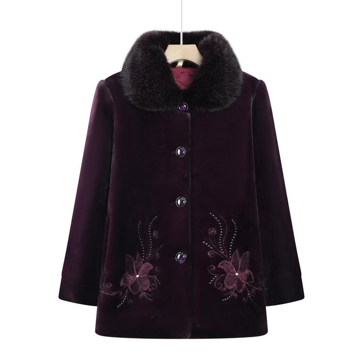 

Grandma s Winter Imitation Mink Coat Mother s Clothing Plus Velvet Warm Embroidered Mink Coat Middle-aged and Elderly Women s Clothing 5XL фиолетовый