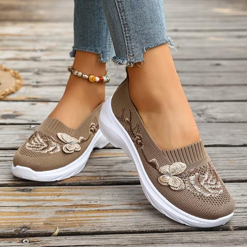Damskie Buty Płaskie, Rozmiary Plus Size, Haftowane Buty Codzienne, Oddychające Tkane Fly Weave Wsuwane Buty Lazy dla Kobiet