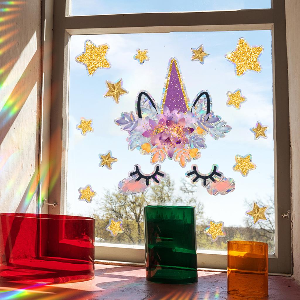 Creative Unicorn Castle Characters Stars Colorful Double-Sided Stickers, Window Glass Stickers, Living Room Bedroom Self-Adhesive