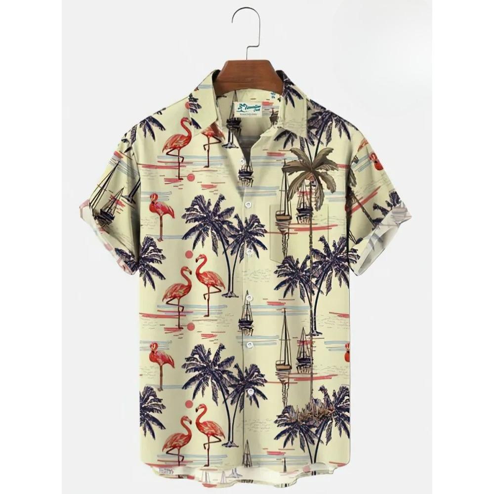 Camicia da uomo hawaiana a maniche corte con stampa, top alla moda con colletto, albero di cocco da spiaggia, nuova per il 2026 per uomo, abbigliamento floreale