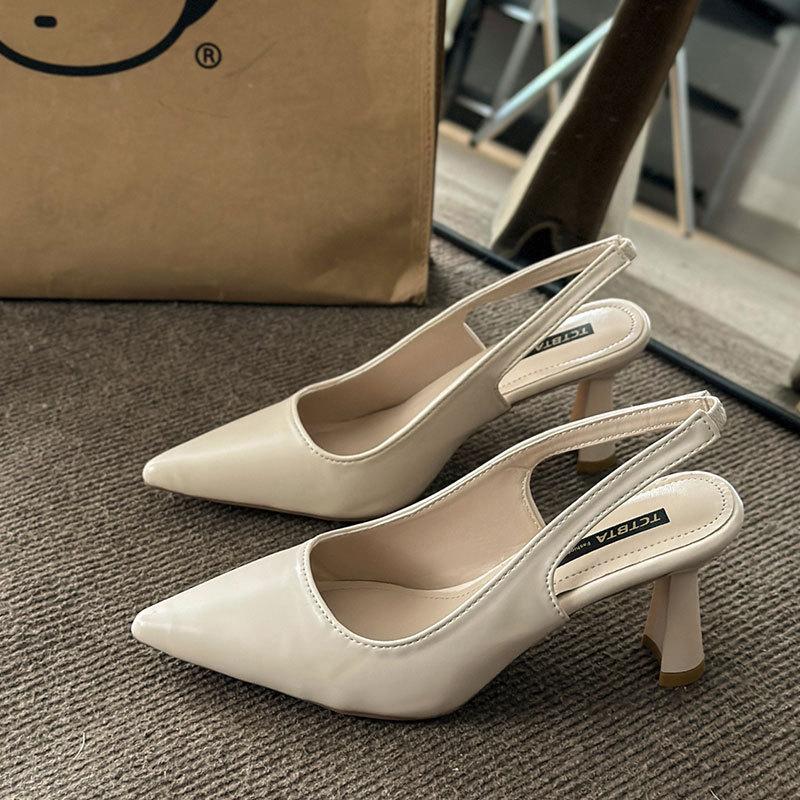 

Босоножки Баотоу 2025 новые французские ретро остроносые на толстом высоком каблуке женские профессиональные рабочие туфли-лодочки 40 бежевый