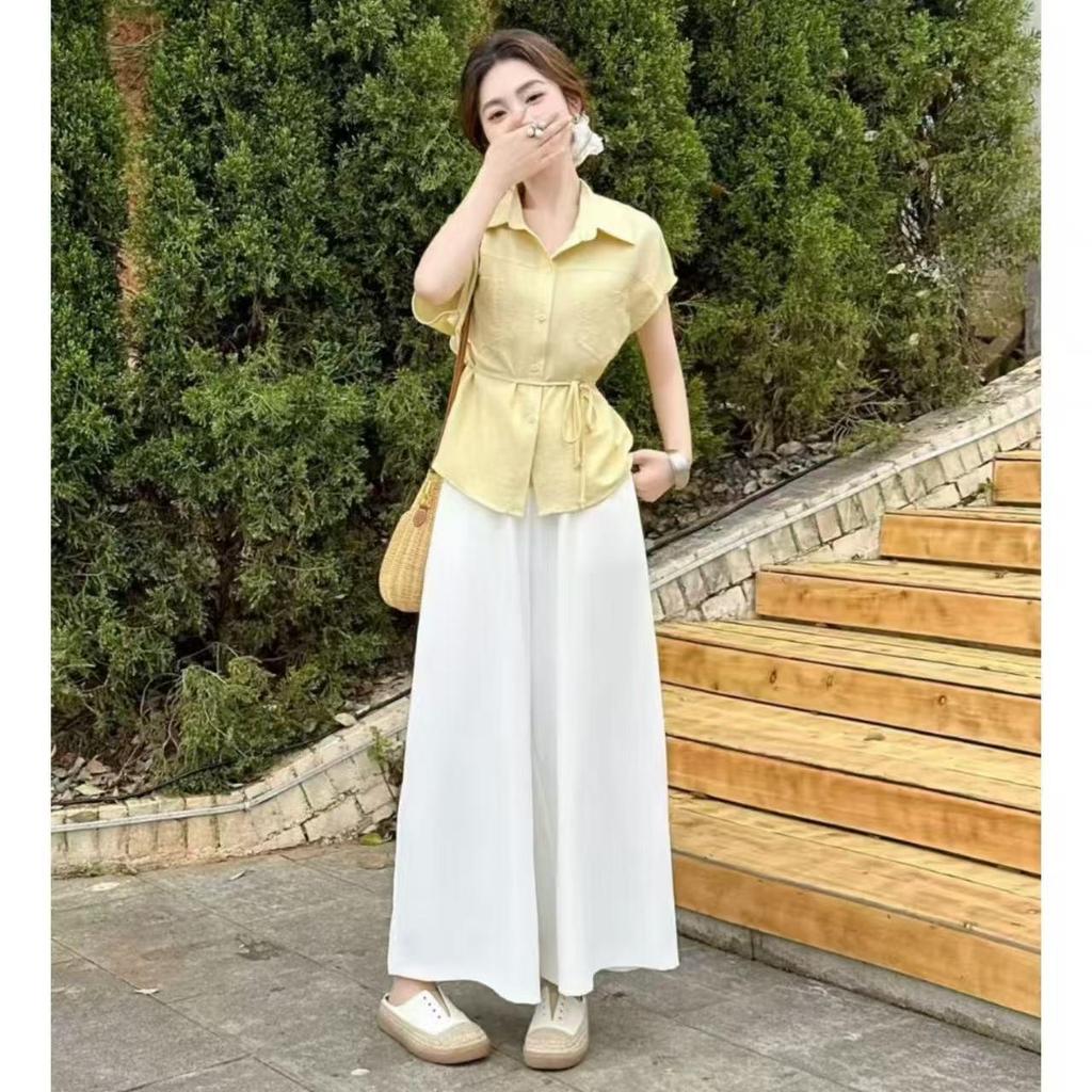 2026 Sommer Chic High-Waist Schnürung Weiter Bein Hosen & Elegantes Oberteil Set