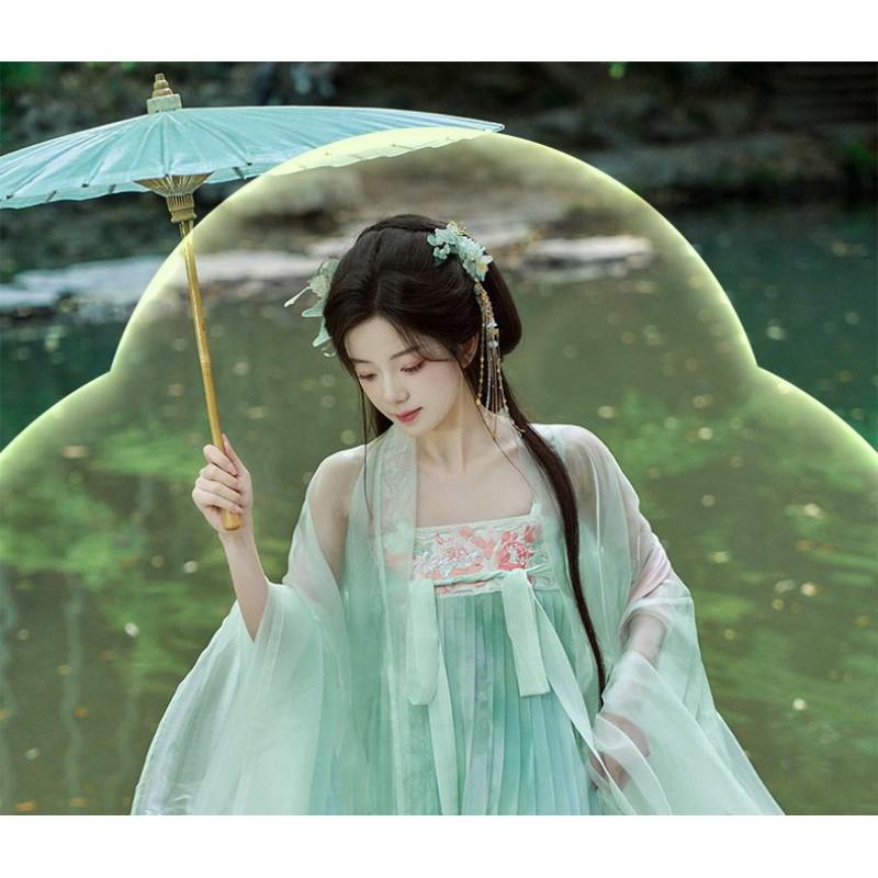 Tang Dynasty Style Hanfu Set With Embroidered Peony Motif Wide Sleeve Top High-Waist Skirt Women