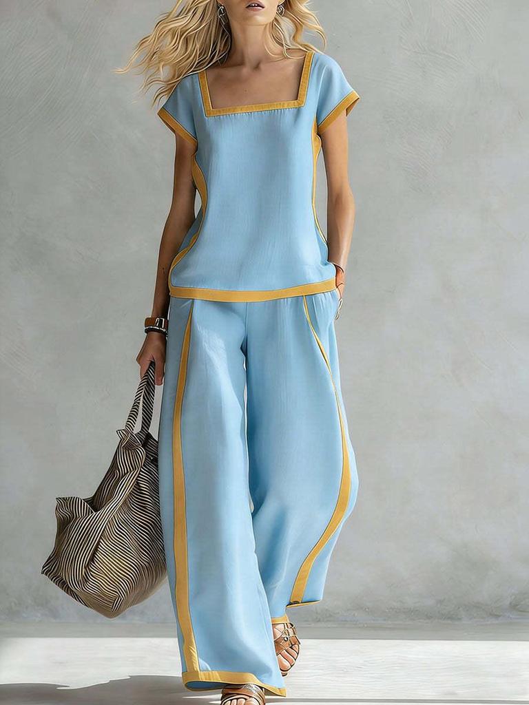 2026 Spring/Summer Women's Color Block Square Neck Top & Wide-Leg Pants Two-Piece Set