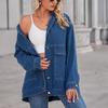 Loose Casual Denim Jacket Long Sleeve Drop Shoulder Coat Turn Down Collar Button Up Outwear