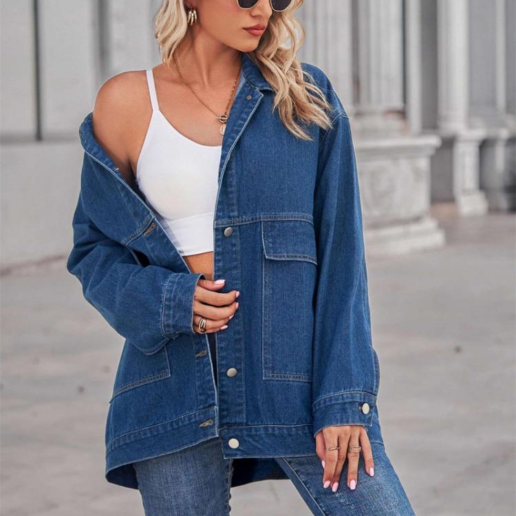 Loose Casual Denim Jacket Long Sleeve Drop Shoulder Coat Turn Down Collar Button Up Outwear