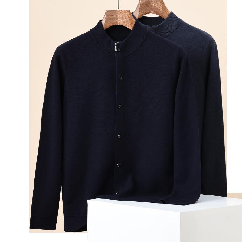 Hengyuanxiang Men's 100% Wool Thick Knit Half-High Neck Cardigan Sweater - Autumn/Winter 2025