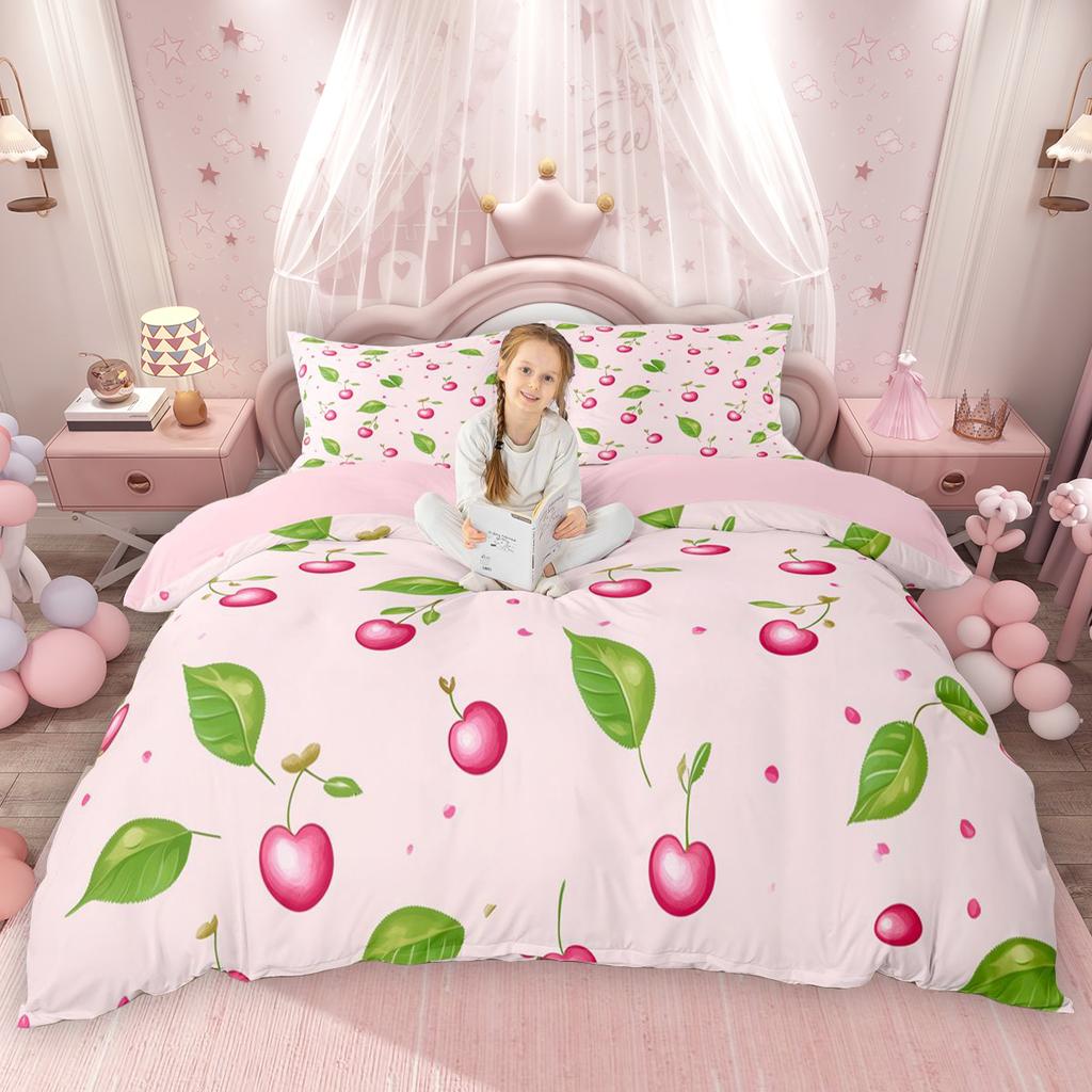 Homewish Kawaii Cherry Bowknot Duvet Cover Set Cute Groovy Flower Bed Set Cartoon Rainbow Quilt Cover Set