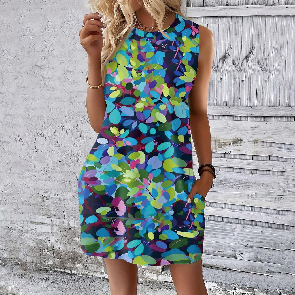 Women's Casual And Fashionable Round-neck Sleeveless Printing Mid Length Dress