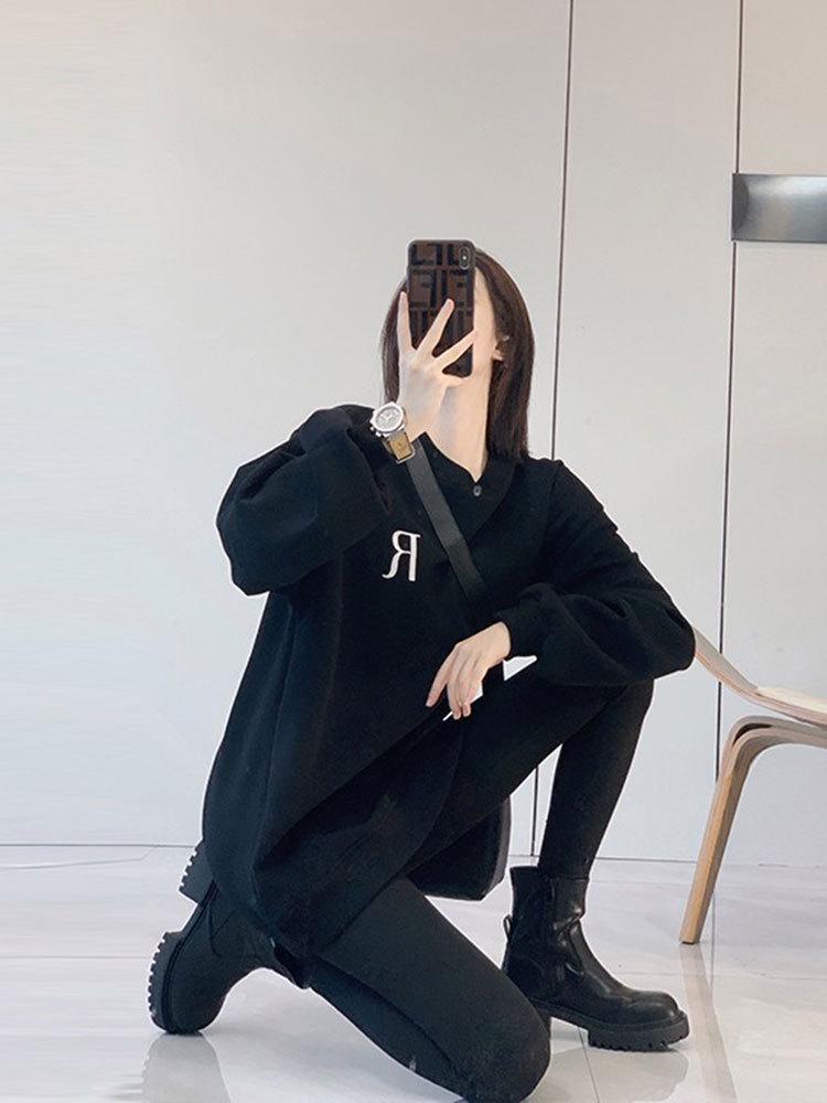 Women's Black Oversized Long Sleeve T-Shirt Sweatshirt - Korean Style, Mid-Length, Hip-Covering for Spring and Autumn