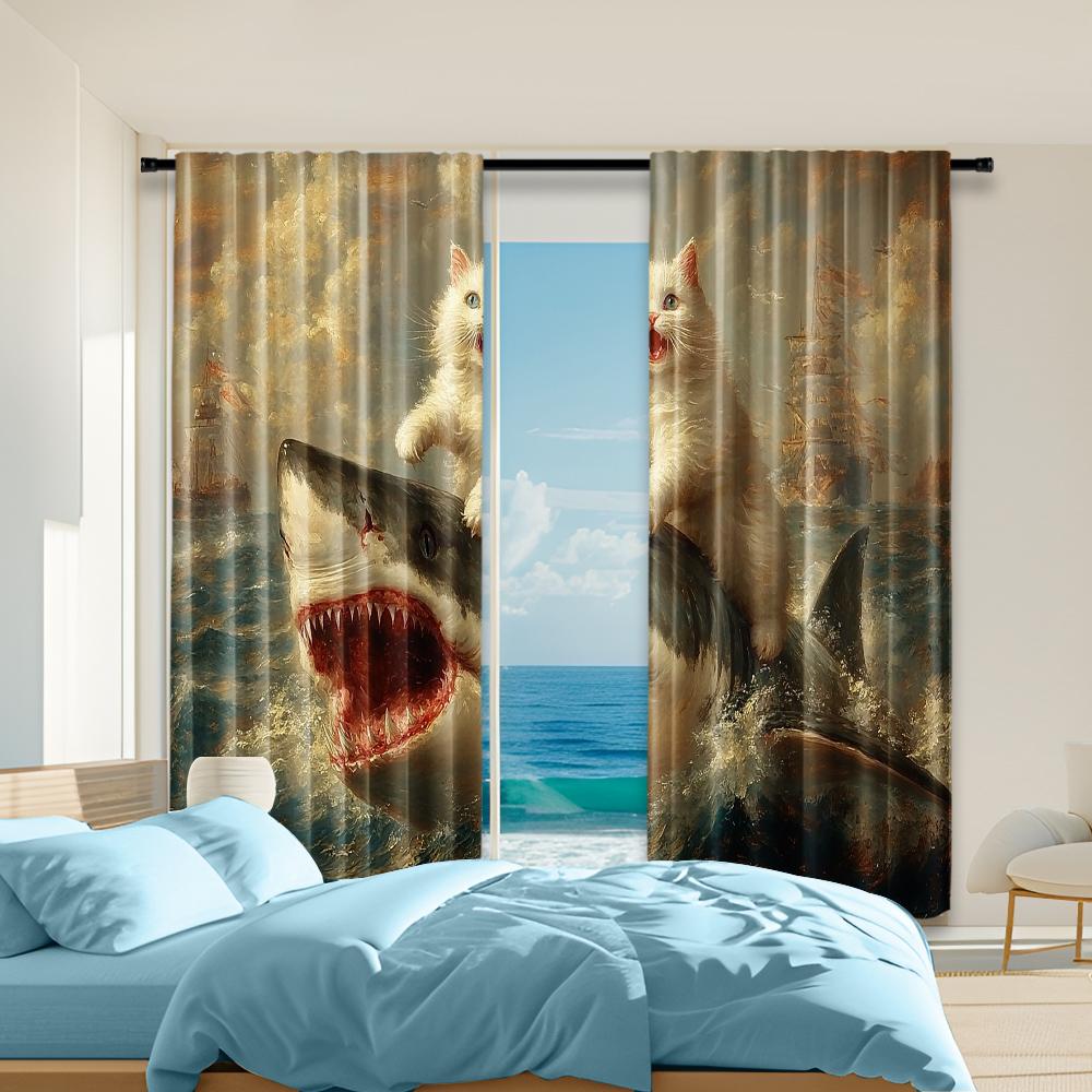 

2 pcs, versatile polyester transparent curtains for home decoration Whimsical Cat Riding Shark for use in bedrooms and living 29x65in(75x166cm)