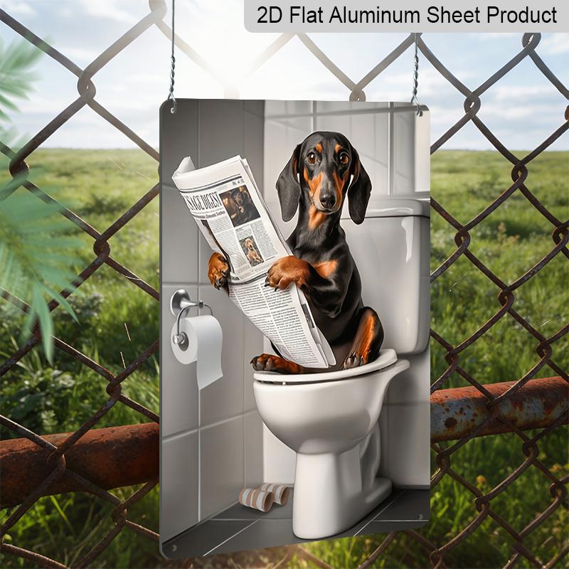 2D Flat Funny Dachshund On Toilet Metal Sign - Humorous Bathroom Wall Decor, Aluminum Hanging for Restroom, Bedroom or Man Cave - Unique Gift Idea