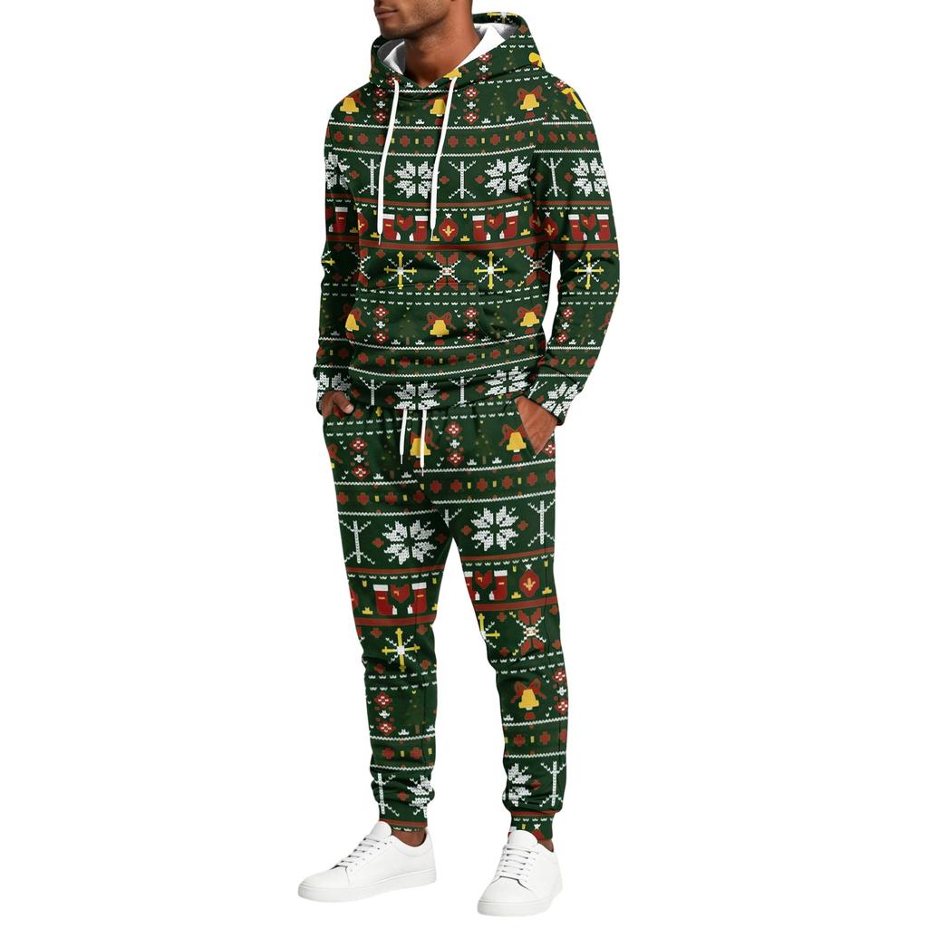 Men's Christmas Print Hoodie and Sweatpants Set, Lightweight Casual Two Piece Outfit with Straight Leg Pants