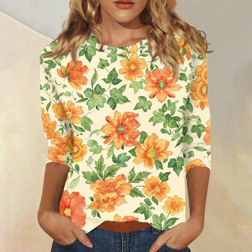 Women's Casual Floral Print Three Quarter Sleeve Top Round Neck Lightweight Comfortable Fit for Everyday Wear